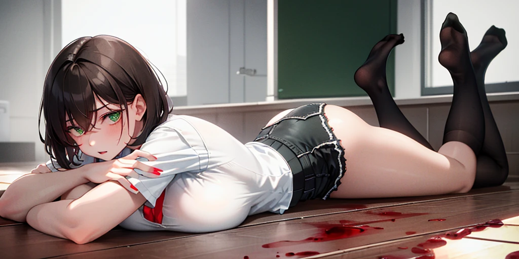 (lying on the ground bleeding:1.3), riser, 1 girl, alone, ((white shirt)), black knee socks, huge breasts, big breasts, cleavage, uniform, office background, Short shorts, short shorts, office, hair between eyes, messy hair, big breasts, short hair, brown hair, red short nails, green eyes, alone, 太いthighs, thighs, ((masterpiece)), classroom, board, class board, open your mouth a little, squint your eyes, My clothes were covered in blood., slender woman, Bloody ground, Erotic position, close the legs,