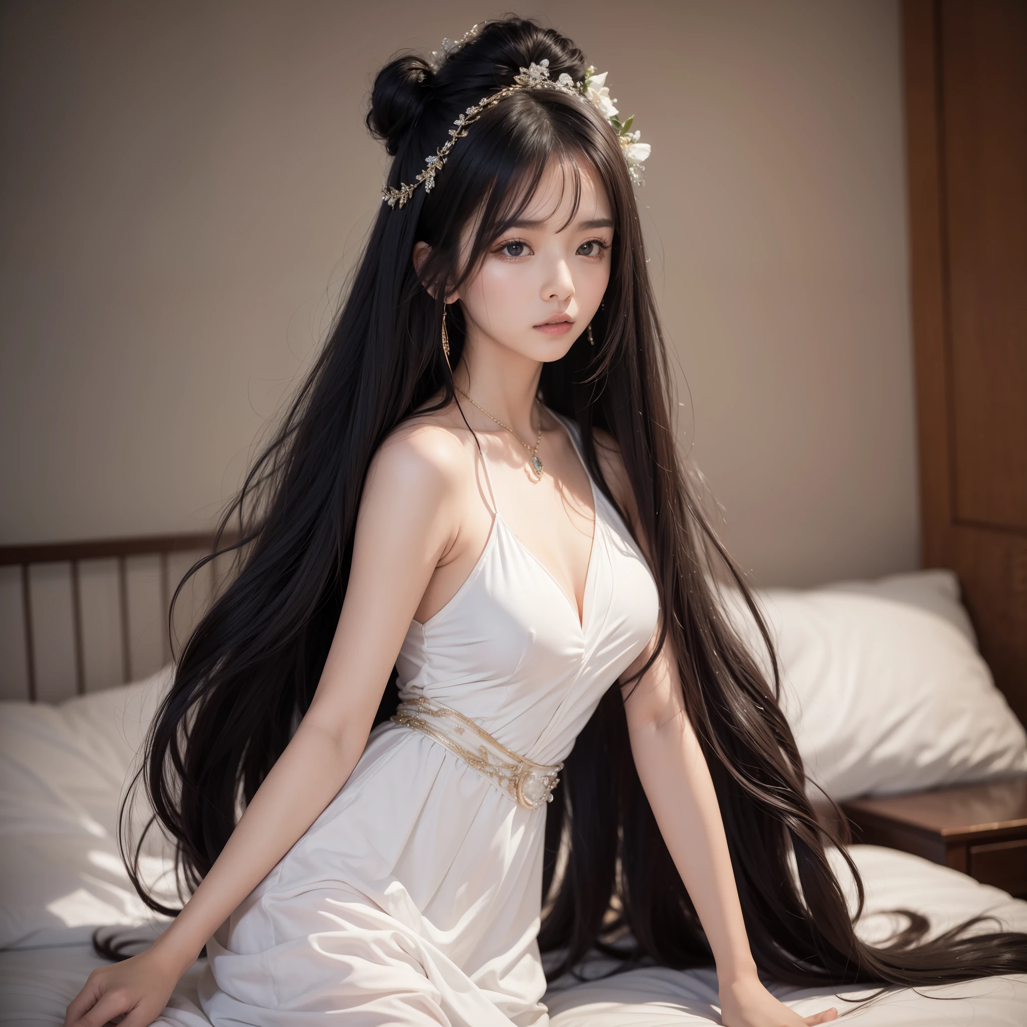 (Highest image quality、highest quality、highest resolution、super realistic photos、full body photo、masterpiece、)one girl、Surprisingly long black hair of 3 meters long、Hair that hasn't been cut in 20 years、Hair that has been growing for 20 years、There's only long hair on the bed、Her hair is too long and she hides all of her body.、