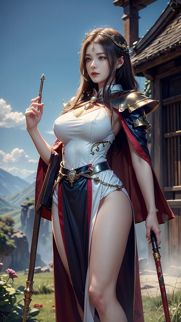 Young woman, goddess, (((Blue and red eyes))), Beautiful makeup, bright red lips, Short white lace dress, (thin), hair, (hairสีดำ, hairตรง, hairยาวมาก), milk, (big breasts, เต้าmilkใหญ่, breast augmentation), shape, (small waist, ร่างกายthin), (majestic, Charming Succubus), (Short white dress, tight fitting, gold pattern), (Red coat, floating cloak), (Few pieces of armor), (dynamic poses), (holding sacred weapons, long staff, antique walking stick, Sorcerer's Staff, Witch's Staff), CG, Realistic resolution, 8K, light transmission figure, fight, Monster, Magic, beam, (sky backdrop, cliff, meadow, Dungeon, historic site),