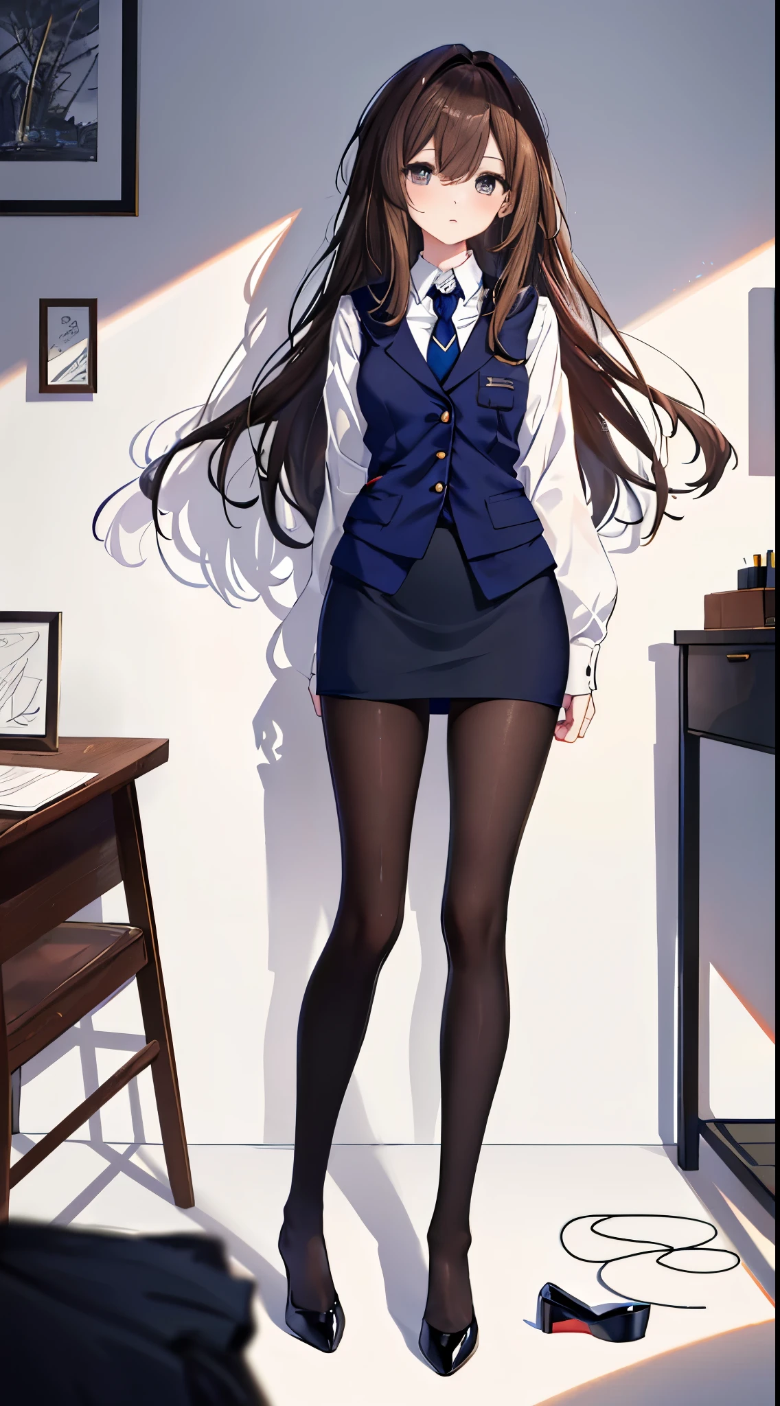 finest, masterpiece, High resolution, (Full body view from head to toe), front, frontやや下からの構図, Symmetrical, 18 year old girl, alone, (whole body from head to toe), small breasts, brown hair, slightly messy hair, long hair, bangs, (black tights), ( (black pantyhose), black pantyhose, (bondage), (spread legs), (tie one&#39;s hands behind one&#39;s back), (Her legs are spread and her white panties are visible between her legs.), composition show me your white panties, slender beautiful legs, とても美しい18 year old girl, (navy high heels), blush, shy big eyes, messy hair, looking at camera, show me your white panties, Hide your arms behind your back, dark blue office lady uniform, Dark blue pencil skirt, navy blue vest, beige cardigan