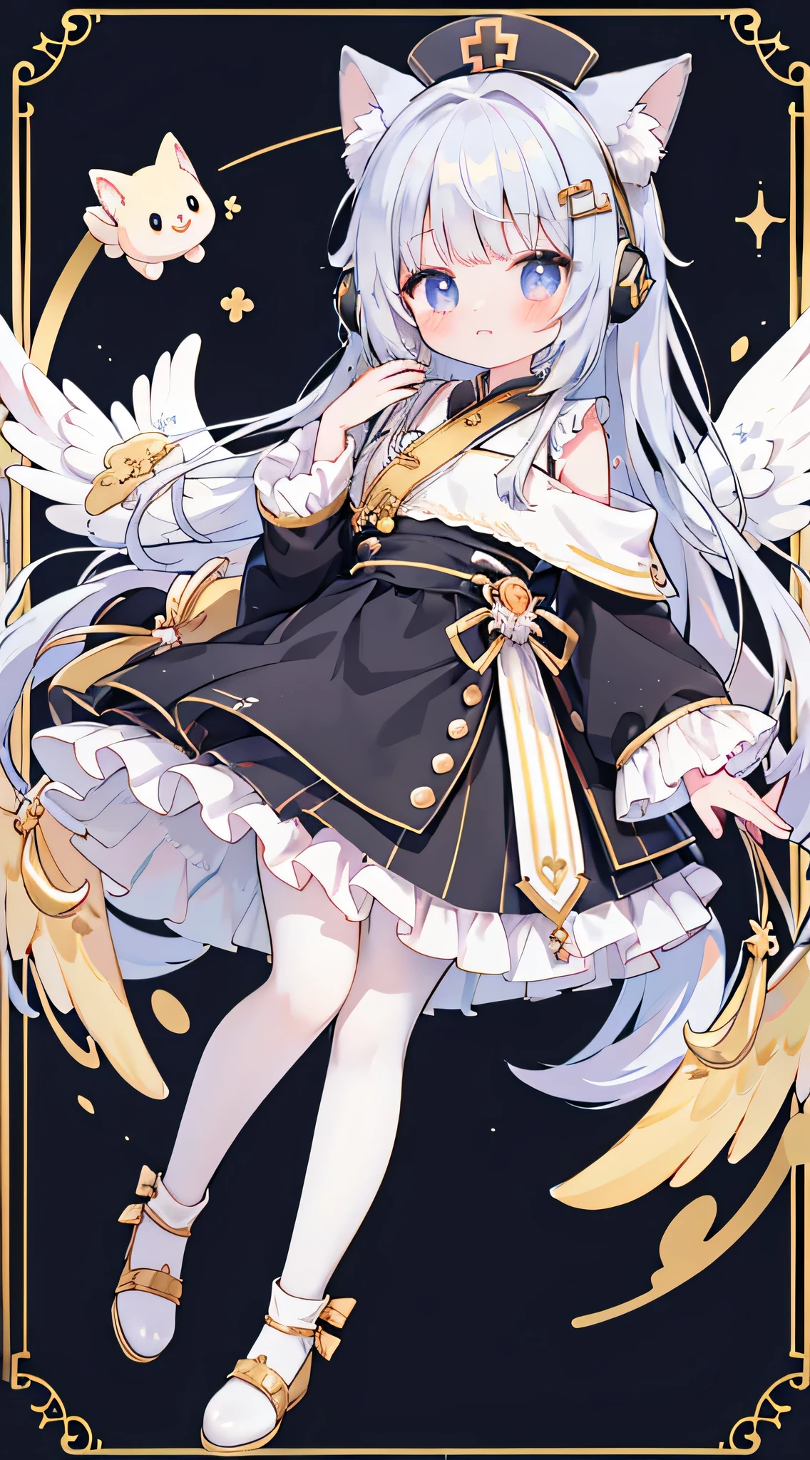 Whole BodyEsbian、Standing picture，a girl，Angel服装，Angel权杖，Angel，With a crown on his head，Maruko hair，golden eyes，Wear sneakers，There are a pair of small wings on the shoes，There is a pair of small wings on the head，There is a pair of large wings behind him，There is a gem mark on the forehead，There is a big bow on the chest，with headphones，Wearing a gold hairpin on her head，With golden feathers on the head，There are many ornaments hanging on the body，Carrying a big sword behind his back，Cupid&#39;s arrow in hand，jewelry，Take a photo pose，Double tail，shy，blush，Hot，Mid-Autumn Festival，Shooting star background，Heaven，masterpiece，Top image quality，top quality，off shoulder strap lolita，There is a big gem on the chest，super long hair，fox ears，white hair，（white or black pantyhose）、exquisite eyes、beautiful girl、Plump cheeks、cute dress、puffy sleeves、Ruffled skirt、pink ribbons、kawaii、loli、black leg rings，with headphones，Wear a nurse's hat，Lift one foot up，black cat，Bald Eagle，black and white musical notes，cute big breasts，
