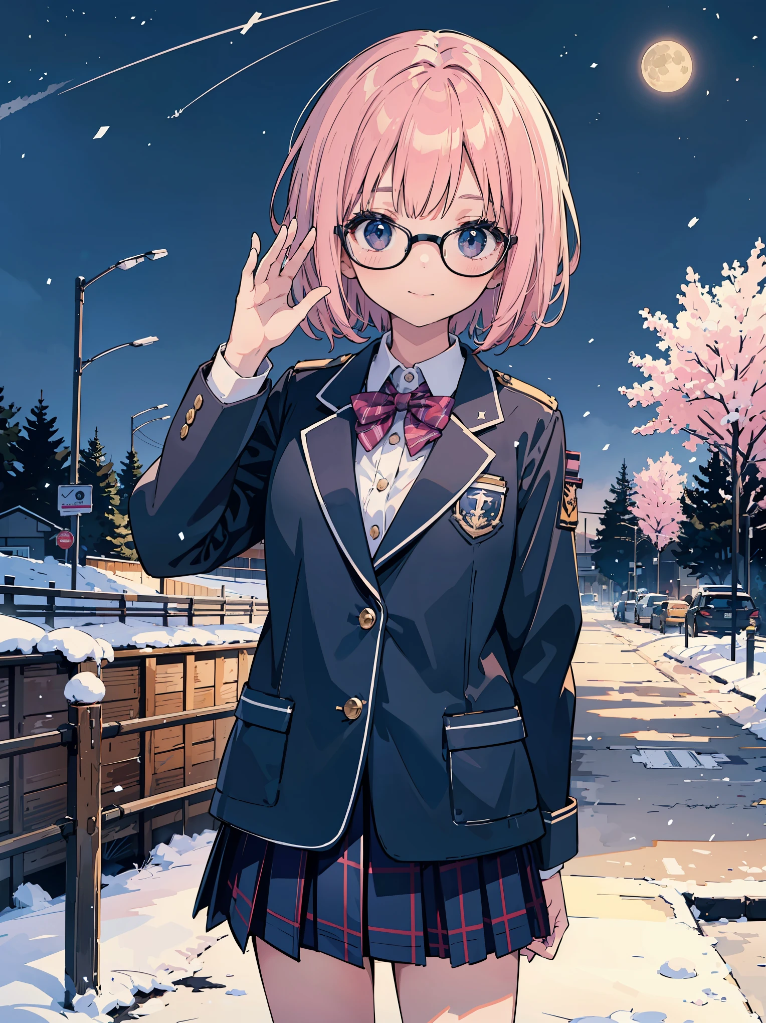 This illustration features a [((cute))):1.3] girl with [((pink))):0.9] hair in a one-length braided bob cut short hair. She is wearing a uniform from a well-known school where blazers are popular, with a deep gray blazer, white piping, and a fresh blue checked skirt. She is drawn to evoke realistic fabrics and textures, and the buttons on her blazer and pleats on her skirt are finely rendered. She is smiling and waving at the camera. The background is the school gate of her school, covered with [((white)):0.9] snow. The sky is [((blue)):0.9] clear and the moon is shining. This illustration shows the contrast and wonder of spring and winter.