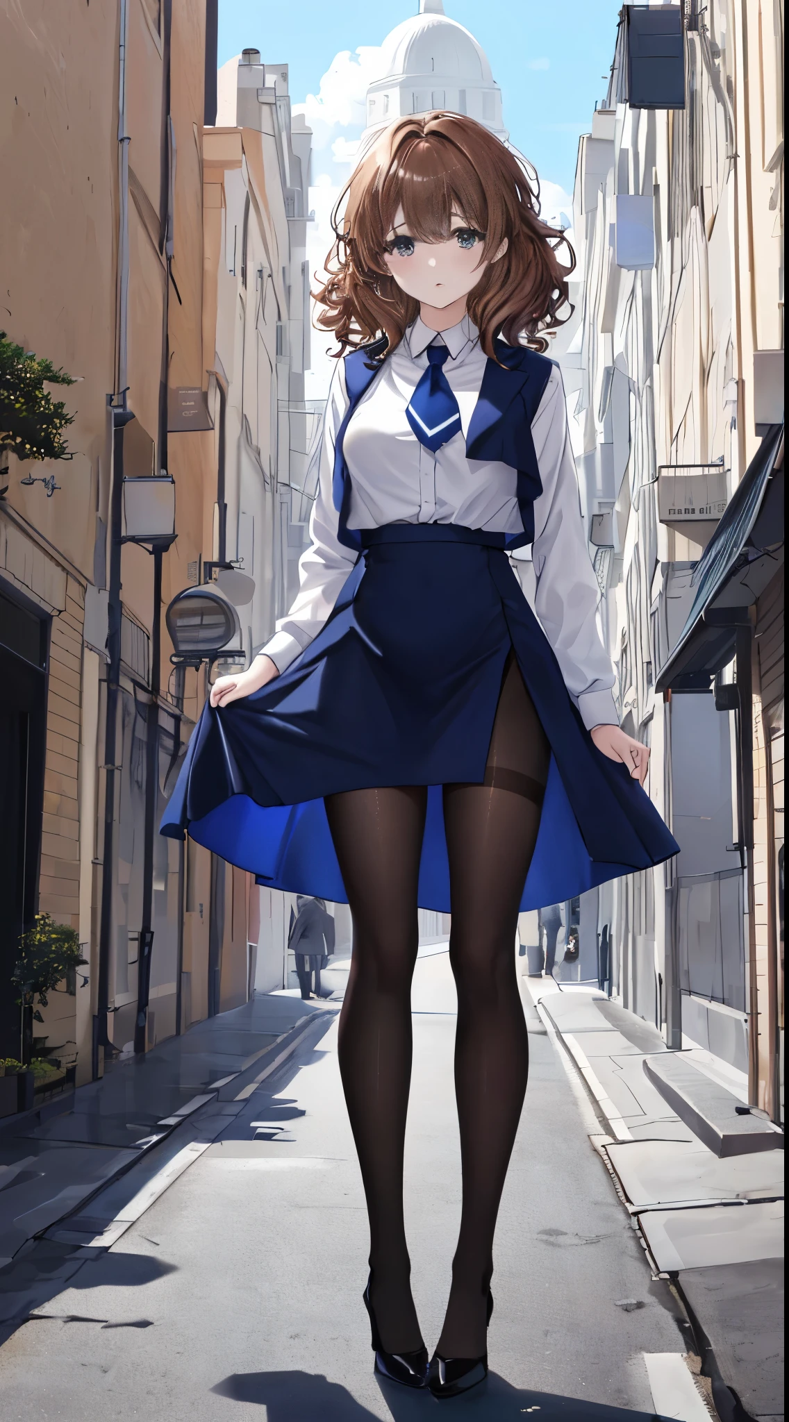 finest, masterpiece, High resolution, (Full body view from head to toe), front, frontやや下からの構図, Symmetrical, 18 year old girl, alone, (whole body from head to toe), small breasts, brown hair, slightly messy hair, long hair, bangs, (black tights), ( (black pantyhose), black pantyhose, (bondage), (spread legs), (tie one's hands behind one's back), (Her legs are spread and her white panties are visible between her legs.), composition show me your white panties, slender beautiful legs, とても美しい18 year old girl, (navy high heels), blush, shy big eyes, messy hair, looking at camera, show me your white panties, Hide your arms behind your back, dark blue office lady uniform, Dark blue pencil skirt, navy blue vest, beige cardigan