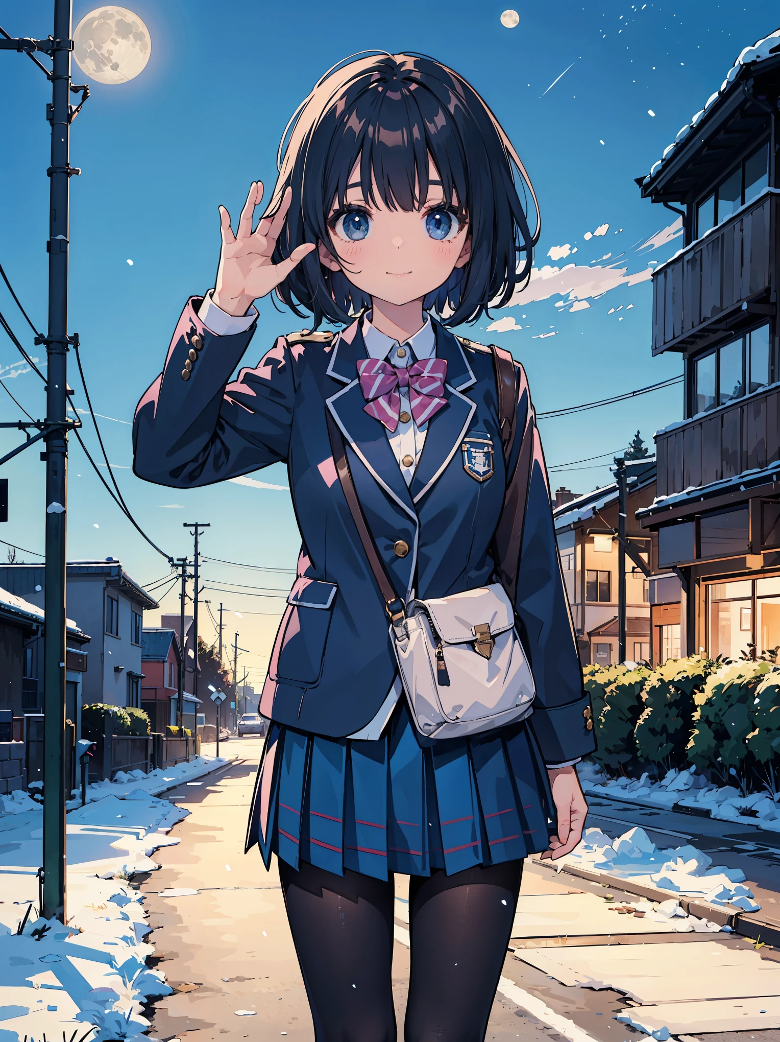 This illustration features a [((cute))):1.3] girl with [((pink))):0.9] hair in a one-length braided bob cut short hair. She is wearing a uniform from a well-known school where blazers are popular, with a deep gray blazer, white piping, and a fresh blue checked skirt. She is drawn to evoke realistic fabrics and textures, and the buttons on her blazer and pleats on her skirt are finely rendered. She is smiling and waving at the camera. The background is the school gate of her school, covered with [((white)):0.9] snow. The sky is [((blue)):0.9] clear and the moon is shining. This illustration shows the contrast and wonder of spring and winter.