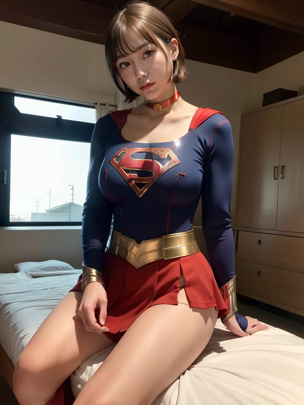 masterpiece、Supergirl costumes、short hair、barefoot、big and full breasts、Experimental Facilities、operating table、straddle、Tattered、shiny、look at the camera、Seduce、choker、red mini skirt、long sleeve、Cowgirl
