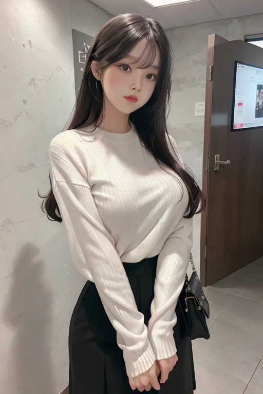 best image quality、Raw photo、Super high resolution、16 years old Korean、big round breasts、No sleeve、Formal Summer Knitwear、Tight knit、Formal Office Skirt、black skirt、pure white skin、glossy white skin、elongated eyes、ランダムな色のbeautiful eyes、beautiful eyes、drawn in detail、light pink blush、long eyelashes、beautiful double eyelids、eye shadow、Glowing brown hair、bracelet、Stand in front of a gray wall、Gateway to large enterprises