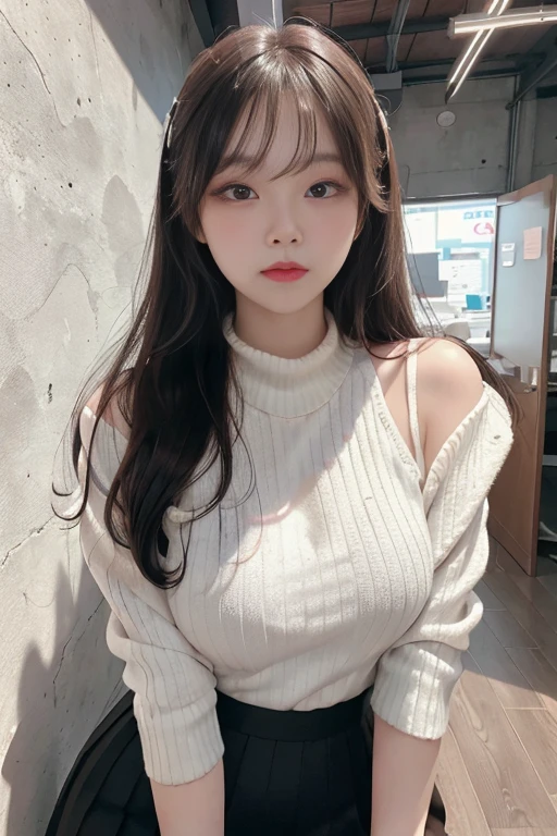 best image quality、Raw photo、Super high resolution、 Korean、big round breasts、No sleeve、Formal Summer Knitwear、Tight knit、Formal Office Skirt、black skirt、pure white skin、glossy white skin、elongated eyes、ランダムな色のbeautiful eyes、beautiful eyes、drawn in detail、light pink blush、long eyelashes、beautiful double eyelids、eye shadow、Glowing brown hair、bracelet、Stand in front of a gray wall、Gateway to large enterprises