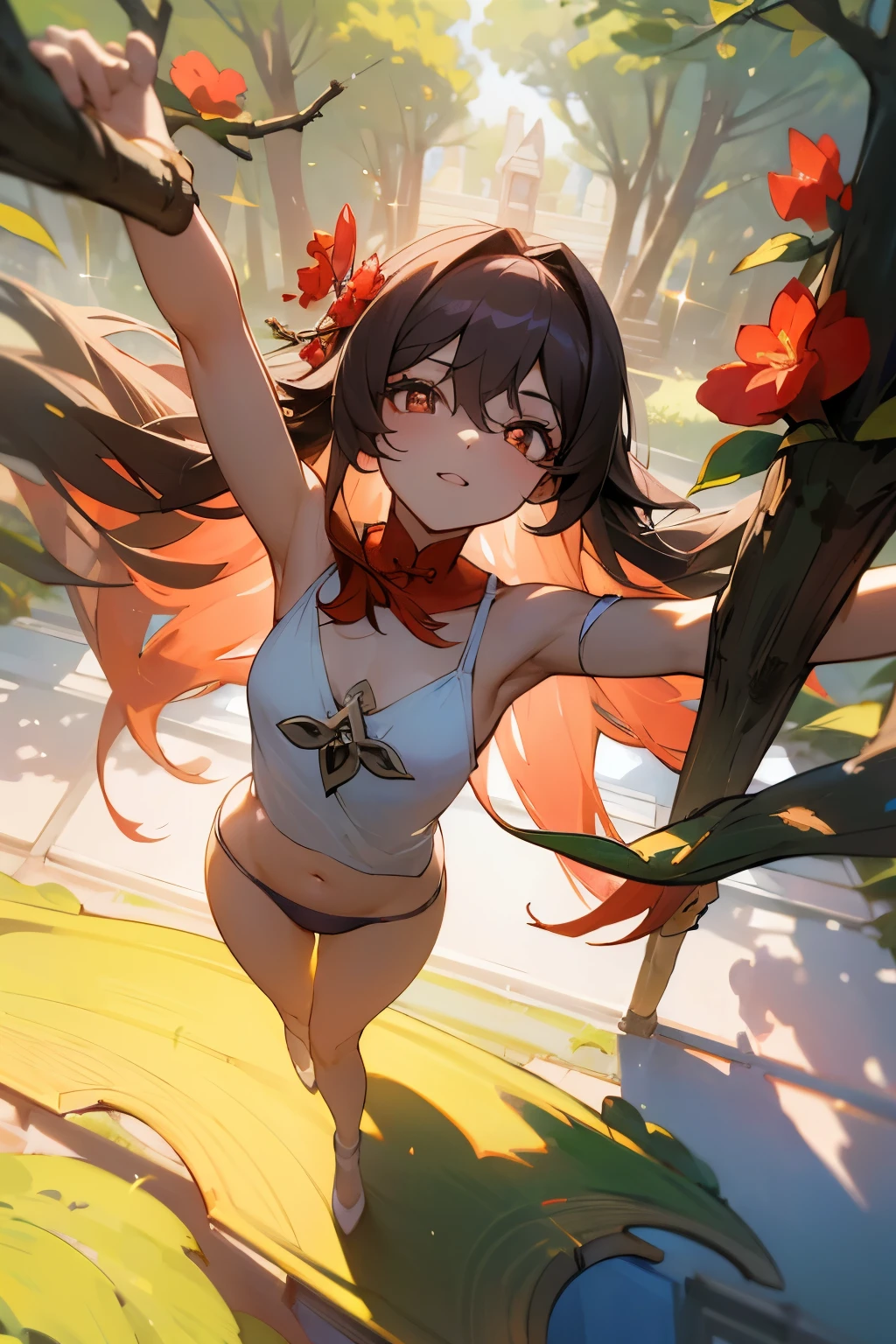 ((HuTaoV4)), ((masterpiece)), (Professional Photography:1.2), camelliamix, from above, flat body, Beautiful flowers bloom, (sparkles), (There is a blooming camellia),standing under a tree, (head looking up), Look at the tree, Natural soft light, macaron, Still ethereal, Crisp and smooth lines, radiant morning light, soft luminescent glow, armpit peek, navel, sleveless, off shoulder, tank top, panties only