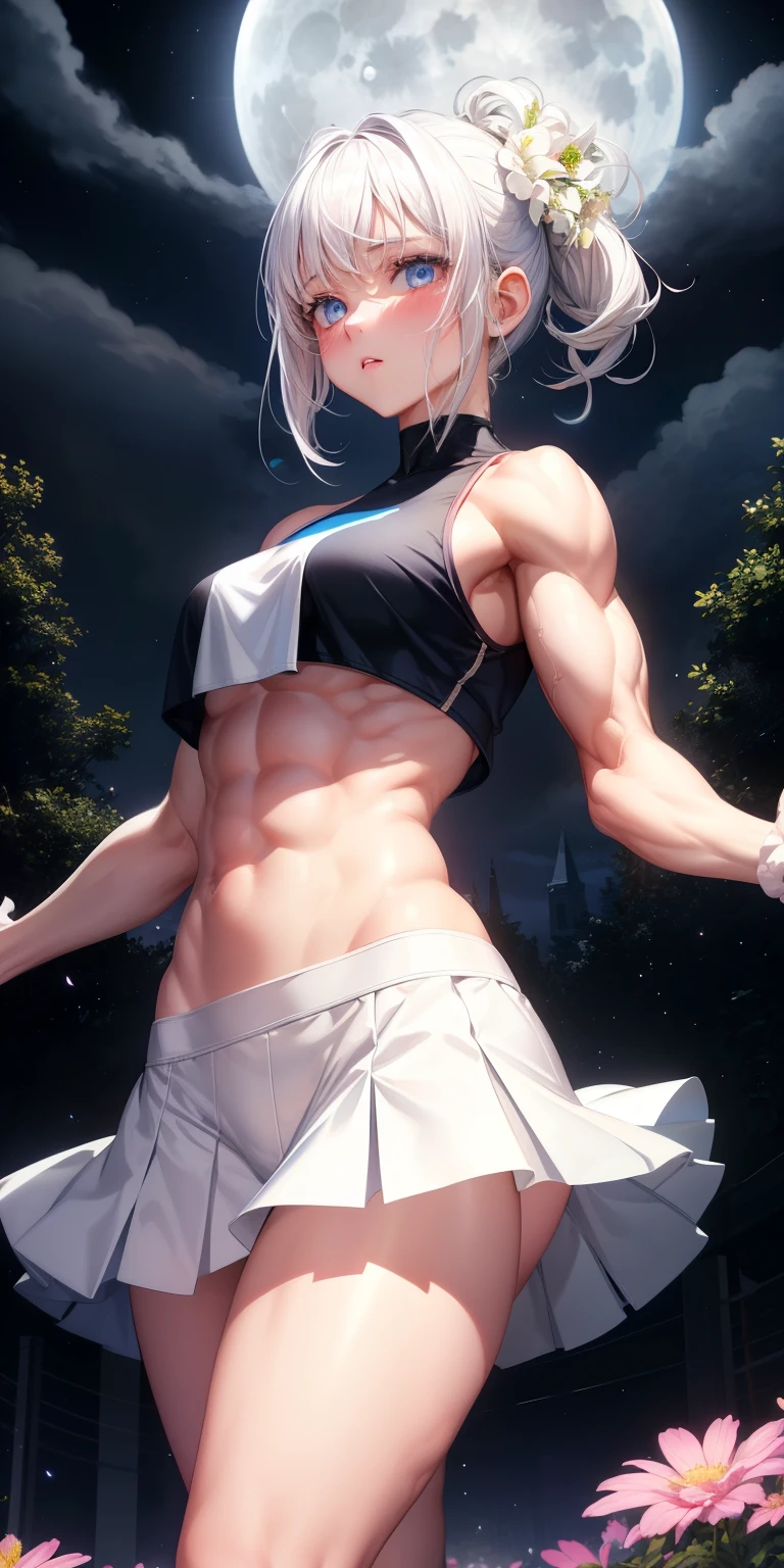 actual, 1 girl, white hair, blue eyes, glowing eyes, crop top, skirt, open lips, blush, Gym, flowers, night, moonlight, abdominal muscles, muscle , biceps