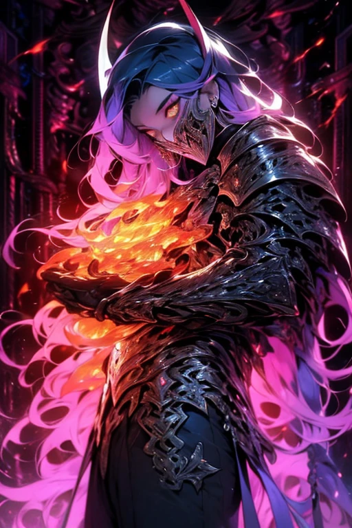 Perfect masterpiece, (Masterpiece:1.2), Best quality, high resolution, Beautiful detailed, Extremely detailed, Perfect lighting, high quality, high resolution, highest image quality, 8k hd. 
1 male guy. 
dark black hair, Faceless, yellow eyes, glowing eyes, demon horns, long horns. 
Elegant. 
a hole in the chest, dark blue uniform, battle armor, Energy lines, masks.
Sunrise, flames on the background. 
Dramatic lighting.
Highly detailed background.
