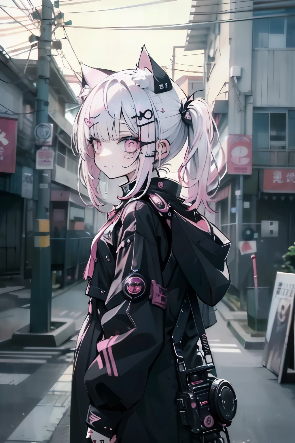 Beautiful woman pink twin tail long hair、cyberpunk style short clothes、hissing, wild, Putting on cat ears、gazing at viewer、front facing、A slight smil、sea side、Palm trees
