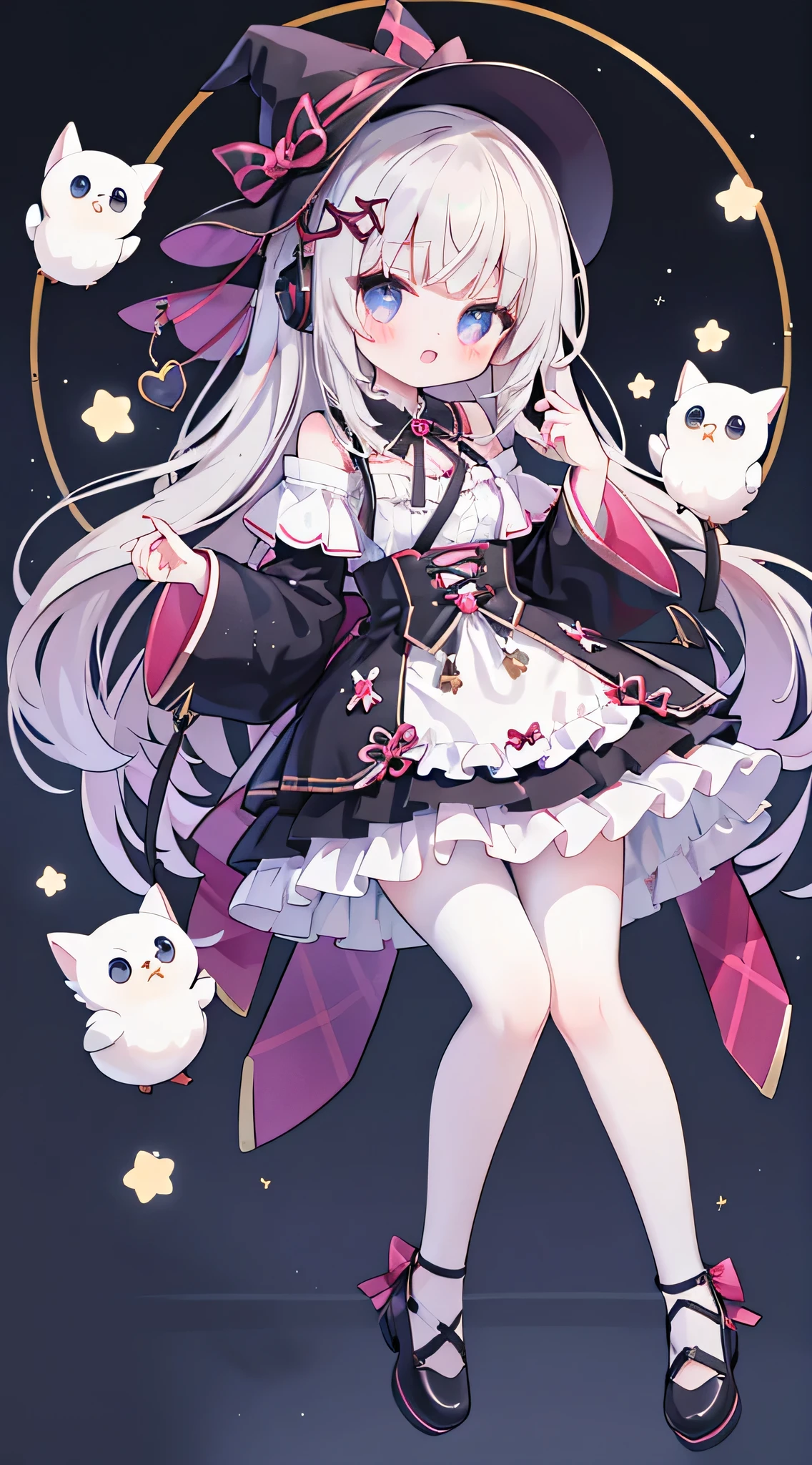 a girl、Angel costume,Angelic scepter,vampire,Holding a glass of red wine,Fuchsia eyes、Wear sneakers,There are a pair of small wings on the shoes,There is talisman paper on the head,jewelry,Take a photo pose,long hair、wavy hair,fangs,shy,blush,Hot,halloween,Shooting star background、masterpiece、Top image quality、top quality、witch clothes、witch hat、超long hair,fox ears,white hair,(white or black pantyhose),blue eyes、exquisite eyes、beautiful girl、Plump cheeks、cute dress、puffy sleeves、Ruffled skirt、pink ribbons、kawaii、、black leg rings,off shoulder strap loliith headphones,Wear a nurse's hat,Lift one foot up,black cat,White owl,black and white musical notes,