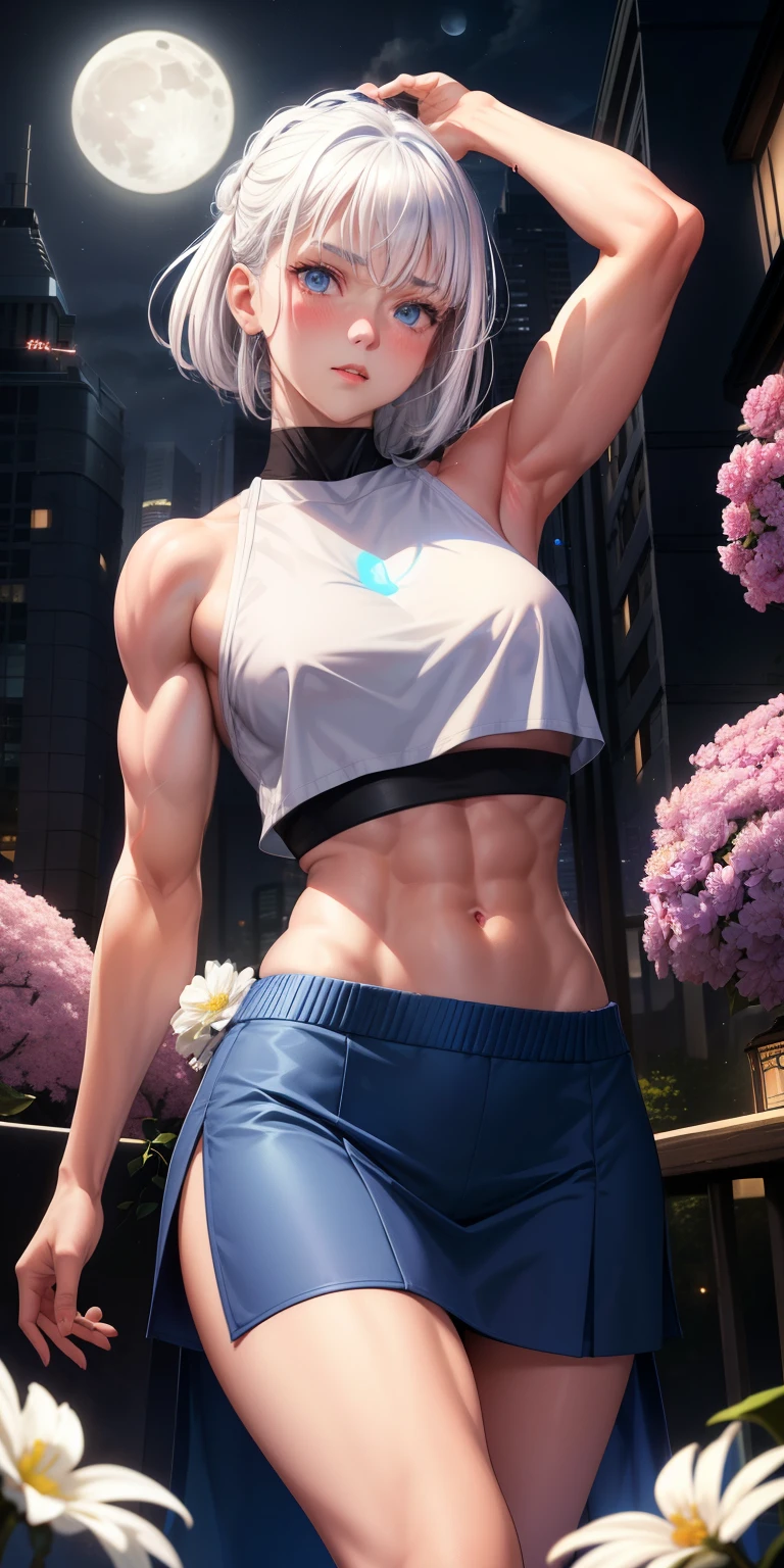 actual, 1 girl, white hair, blue eyes, glowing eyes, crop top, skirt, open lips, blush, Gym, flowers, night, moonlight, abdominal muscles, muscle , biceps