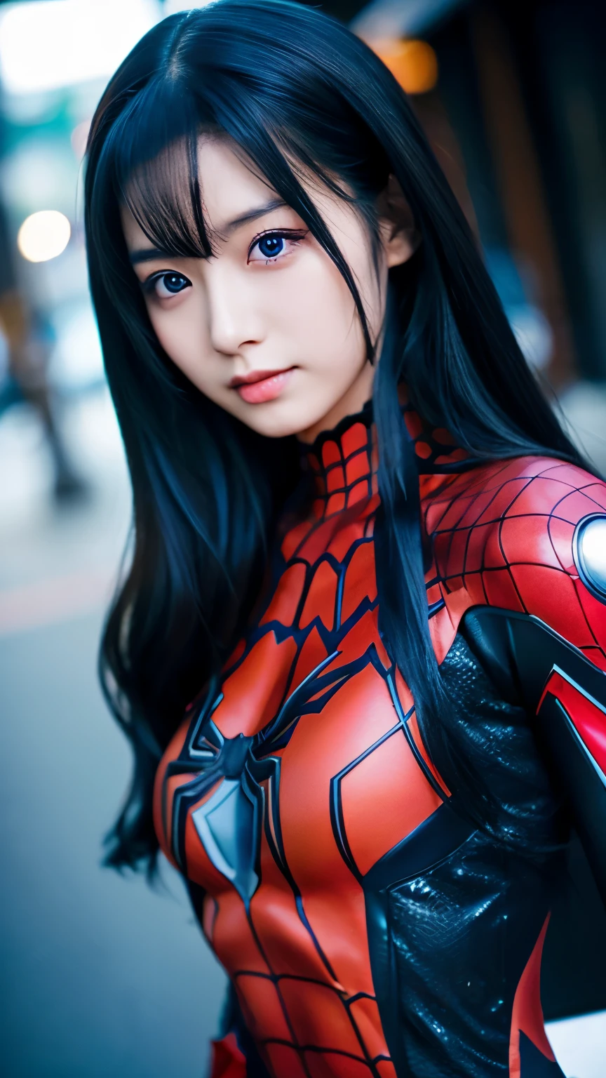 japanese girl, 20-year-old, dark makeup, detailed face, long hair, black hair, beautiful eyes, realistic, face close up, smile, sexy pose, Wearing a shiny rubber Spider-Man costume(Marvel characters), long sleeve, rubber gloves, 8k, cinematic, sexy girl