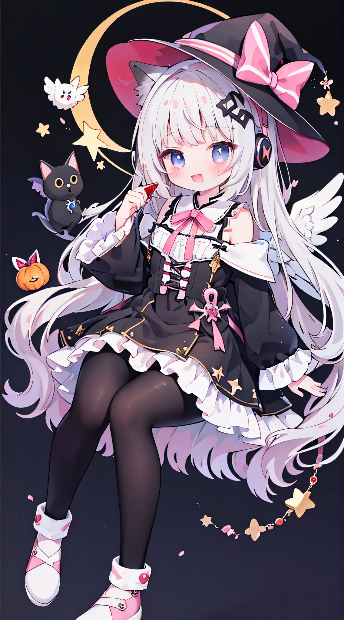 a girl、Angel costume，Angelic scepter，vampire,Holding a glass of red wine,Fuchsia eyes、Wear sneakers，There are a pair of small wings on the shoes,There is talisman paper on the head，jewelry，Take a photo pose，long hair、wavy hair，fangs，shy，blush，Hot，halloween，Shooting star background、masterpiece、Top image quality、top quality、witch clothes、witch hat、超long hair，fox ears，white hair，(white or black pantyhose)，blue eyes、exquisite eyes、beautiful girl、Plump cheeks、cute dress、puffy sleeves、Ruffled skirt、pink ribbons、kawaii、loli、black leg rings，off shoulder strap lolita，with headphones，Wear a nurse's hat，Lift one foot up，black cat，White owl，black and white musical notes,
