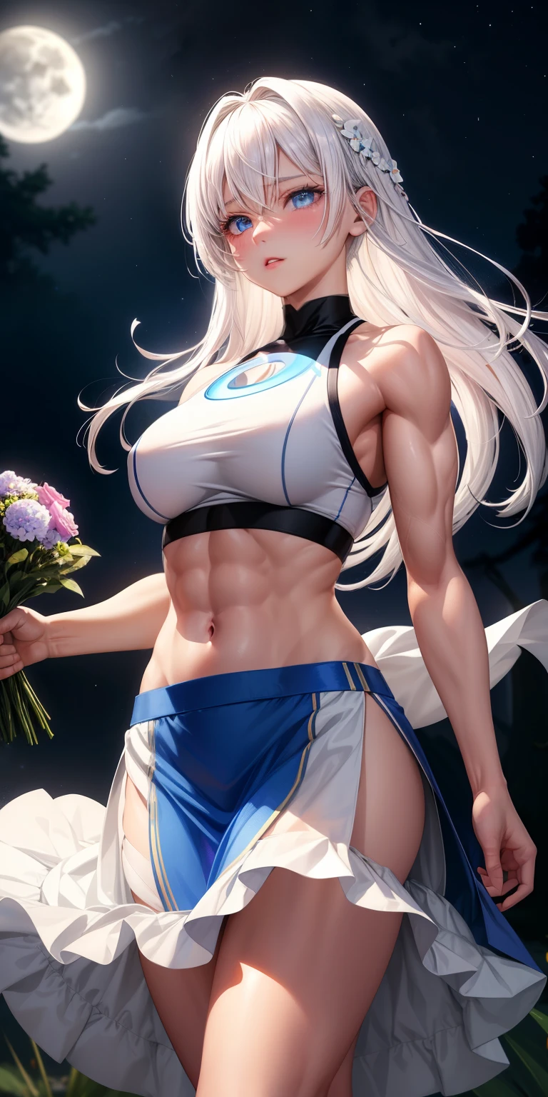 actual, 1 girl, white hair, blue eyes, glowing eyes, crop top, skirt, open lips, blush, Gym, flowers, night, moonlight, abdominal muscles, muscle , biceps