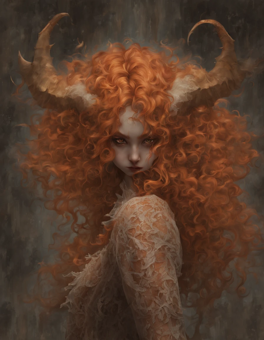 Ginger girl, demon girl, very angry, ((full smokey eyes)), (messy orange curls), (insect eyes), (mesh fishnet, blouse), (long intricate horns:1.2)  (best quality), highest quality, extremely detail,  8k, wallpaper, detailed and intricate,