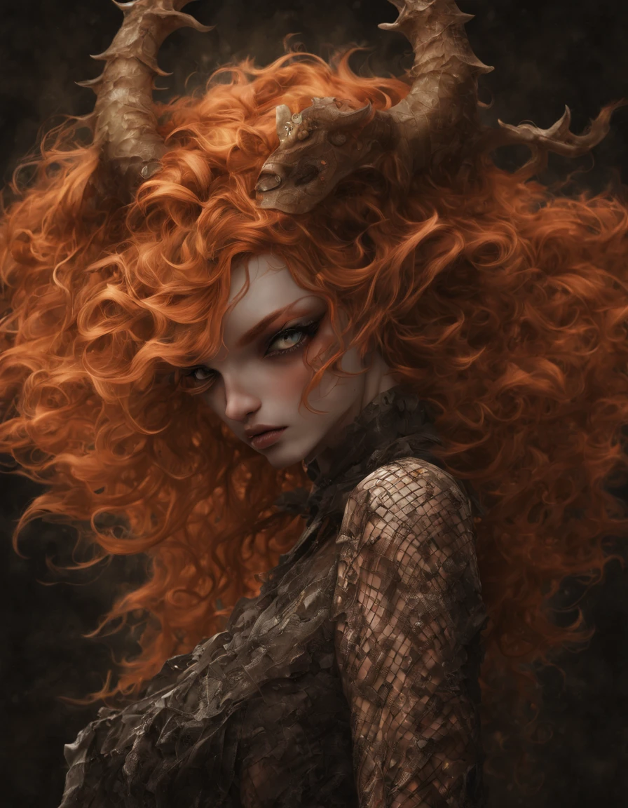 Ginger girl, demon girl, very angry, ((full smokey eyes)), (messy orange curls), (insect eyes), (mesh fishnet, blouse), (long intricate horns:1.2)  (best quality), highest quality, extremely detail,  8k, wallpaper, detailed and intricate,