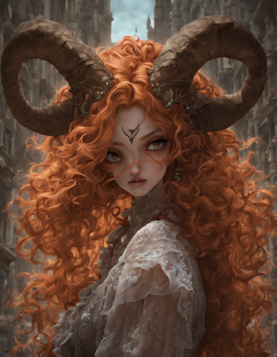 Ginger girl, demon girl, very angry, ((full smokey eyes)), (messy orange curls), (insect eyes), (mesh fishnet, blouse), (long intricate horns:1.2) (best quality), highest quality, extremely detail, 8k, wallpaper, detailed and intricate,