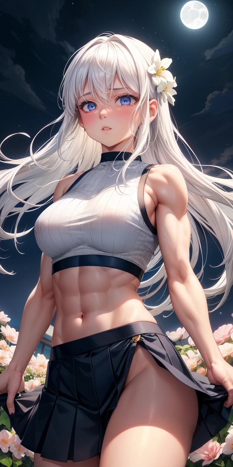 actual, 1 girl, white hair, blue eyes, glowing eyes, crop top, skirt, open lips, blush, Gym, flowers, night, moonlight, abdominal muscles, muscle , biceps