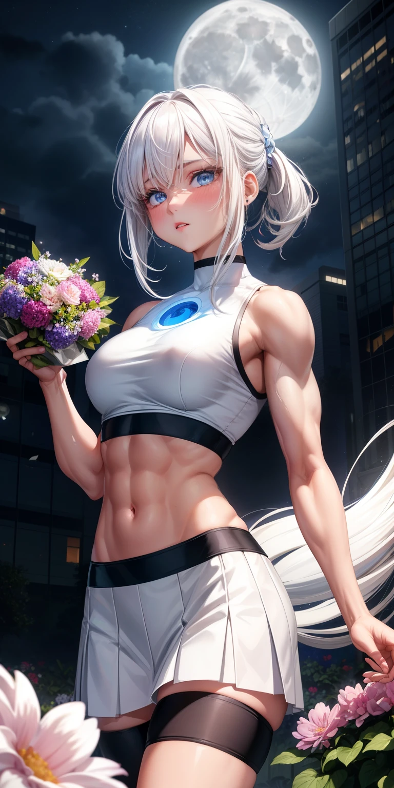 actual, 1 girl, white hair, blue eyes, glowing eyes, crop top, skirt, open lips, blush, Gym, flowers, night, moonlight, abdominal muscles, muscle , biceps