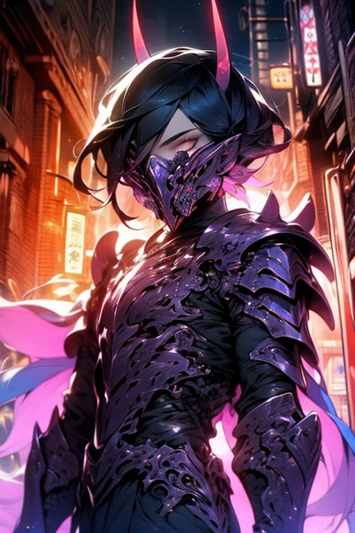 Perfect masterpiece, (Masterpiece:1.2), Best quality, high resolution, Beautiful detailed, Extremely detailed, Perfect lighting, high quality, high resolution, highest image quality, 8k hd.
1 male guy.
dark black hair, Faceless, yellow eyes, glowing eyes, demon horns, long horns.
Elegant.
a hole in the chest, dark blue uniform, battle armor, Energy lines, masks.
Moonlight.
Dramatic lighting.
Highly detailed background.