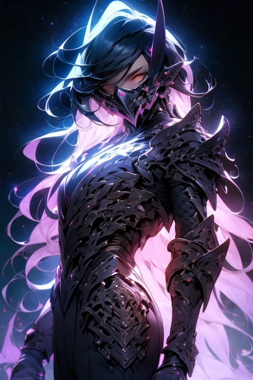 Perfect masterpiece, (Masterpiece:1.2), Best quality, high resolution, Beautiful detailed, Extremely detailed, Perfect lighting, high quality, high resolution, highest image quality, 8k hd.
1 male guy.
dark black hair, Faceless, yellow eyes, glowing eyes, demon horns, long horns.
Elegant.
a hole in the chest, dark blue uniform, battle armor, Energy lines, masks.
Moonlight.
Dramatic lighting.
Highly detailed background.