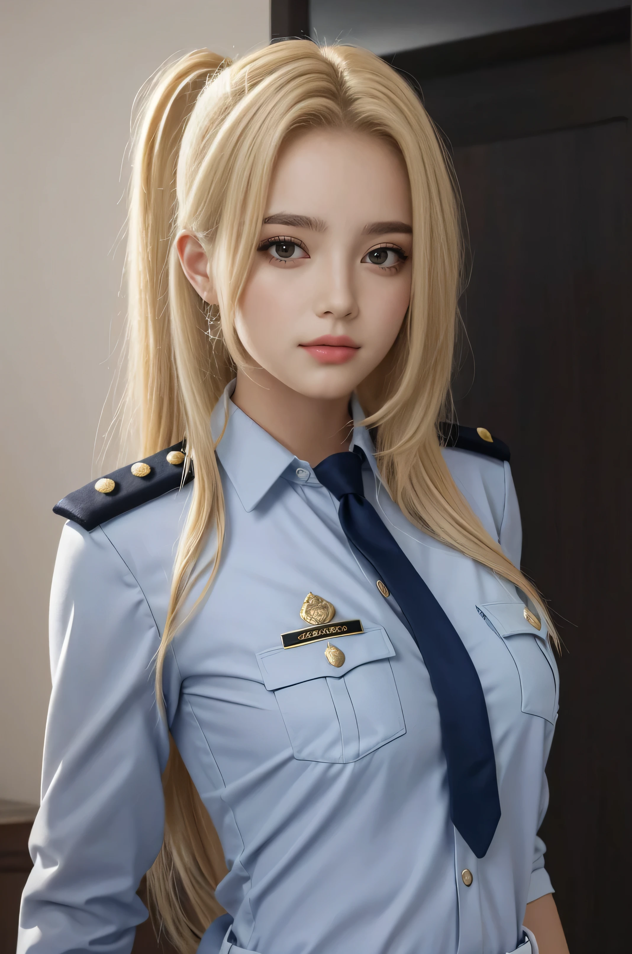 (masterpiece, best quality, from above, straddling:1.2), 8k, 85mm, official art, raw photo, absurdres, looking at viewer, blonde hair, police, police uniform, large peaked cap, thick thighs, violaceaess, gardeniass, large breasts, beautiful girl, pretty face, upper body, arms behind back, arch back, skirt, cinch waist, short sleeve, film grain, chromatic aberration, sharp focus, facelight, professional lighting, detailed face, (face close up, side shot:0.6), street, (bokeh background:1.2), blue eyes, necktie