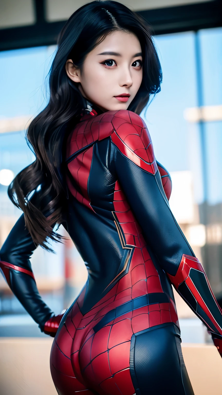 Japanese girl, 20 years old, dark makeup, detailed face, long hair, black hair, beauty eyes, realistic, full body, sexy pose, wearing spiderman costume(marvel characters), 8K, cinematic, sexy girl, turned back