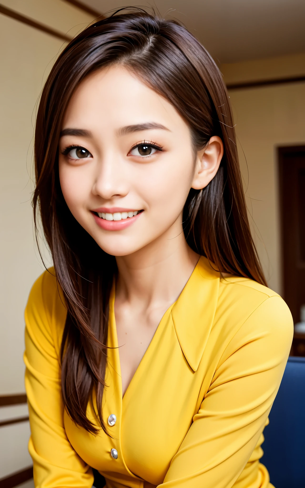 highest quality, figure, super detailed, finely, High resolution, 8k wallpaper, 完璧なダイナミックな構figure, beautiful skin, (Big eyes that shine like jewels), 20 year old beautiful girl, natural color lip, (sexy pose), Chest middle, smile, Highly detailed face and skin texture, Detailed eyes, Double eyelid,leaking teeth and laughing, close-up,   Brown hair medium hair, (bright yellow suit), (blouse:1.2), indoor