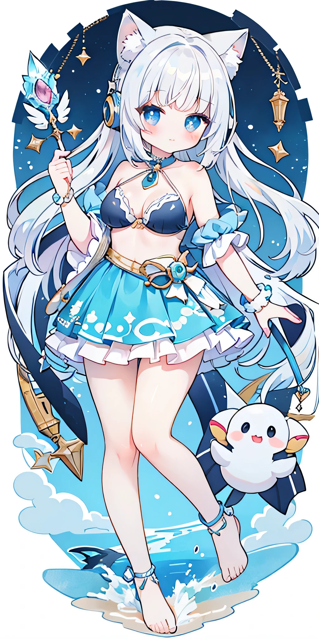 Whole BodyEsbian、Standing picture,full-body shot,a girl,blue swimsuit bikini,ocean,dolphin,shell,Crab,an octopus,treasure chests,beach,((Wear sneakers)),There is a pair of large wings behind him,There are many ornaments hanging on the body,Carrying a big sword behind his back,Cupid's arrow in hand,jewelry,Blue and white hair,short sleeves,Off the shoulders,There is a gem inlaid on the forehead,blue bow,Swimming rings,heterochromatic pupils,Double tail,shy,blush,,masterpiece,Top image quality,top quality,A big gem is embedded in the chest,super long hair,animal ears,white hair,((((white or black pantyhose))))、exquisite eyes、beautiful girl、Plump cheeks,ribbon、kawaii、、leg rings,with headphones,cute big breasts,uterus