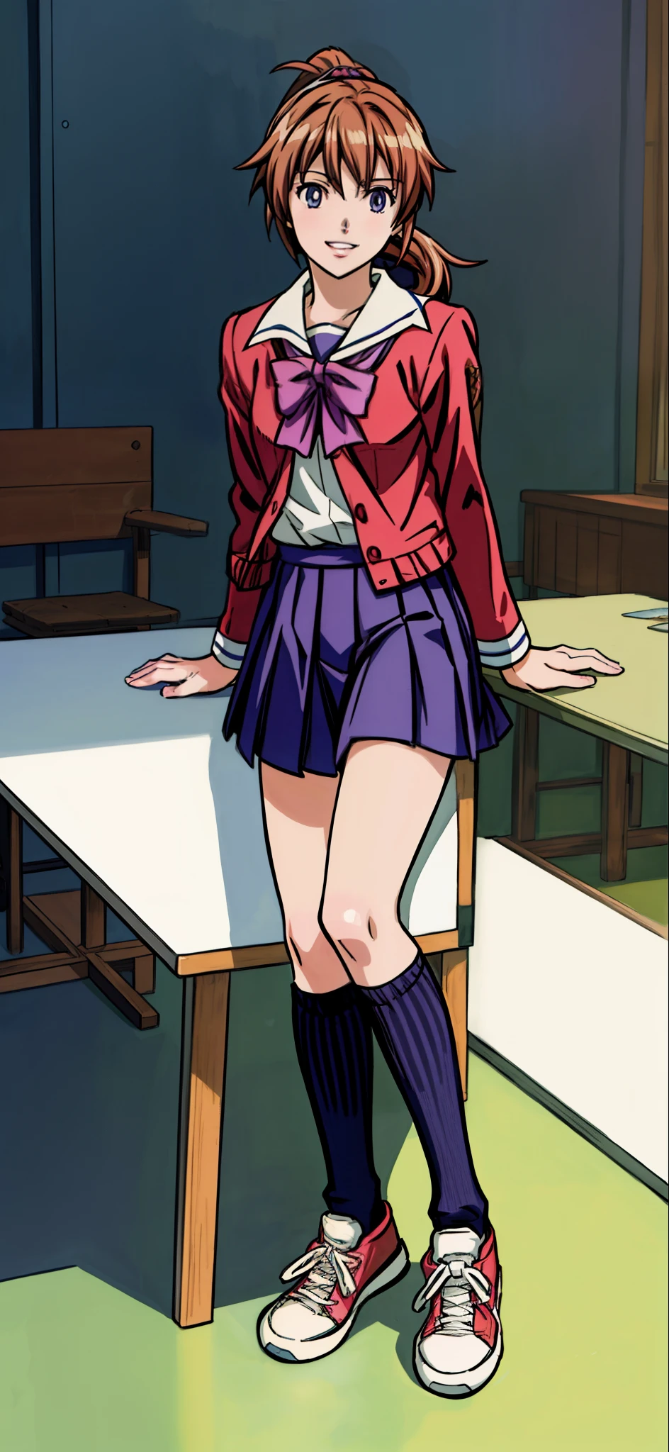 (highest quality,4K,8K,High resolution,table top:1.2), super detailed, (realistic,photorealistic,photo-realistic:1.37), Otaku-like, grin,(grin),((caramel hair color)),((medium long hair)),((Ponytail hairstyle)), ((Messy hair)),((hair covers eyes)),((high school girl uniform)), legs spread,((over-kneehighs socks)),(sneakers),espadrilles,beautiful and fine eyes, beautiful detailed lips, highly detailed eyes and face, long eyelashes, realistic anime 3D style, Smooth anime CG art, Digital rendering by Makoto Shinkai, Moe anime art style, photorealistic rendering of an anime girl, Shinkai Makoto style, Cute anime girl visuals, realistic young anime girl, girl fan art, Created by Anime Artist'studio of.