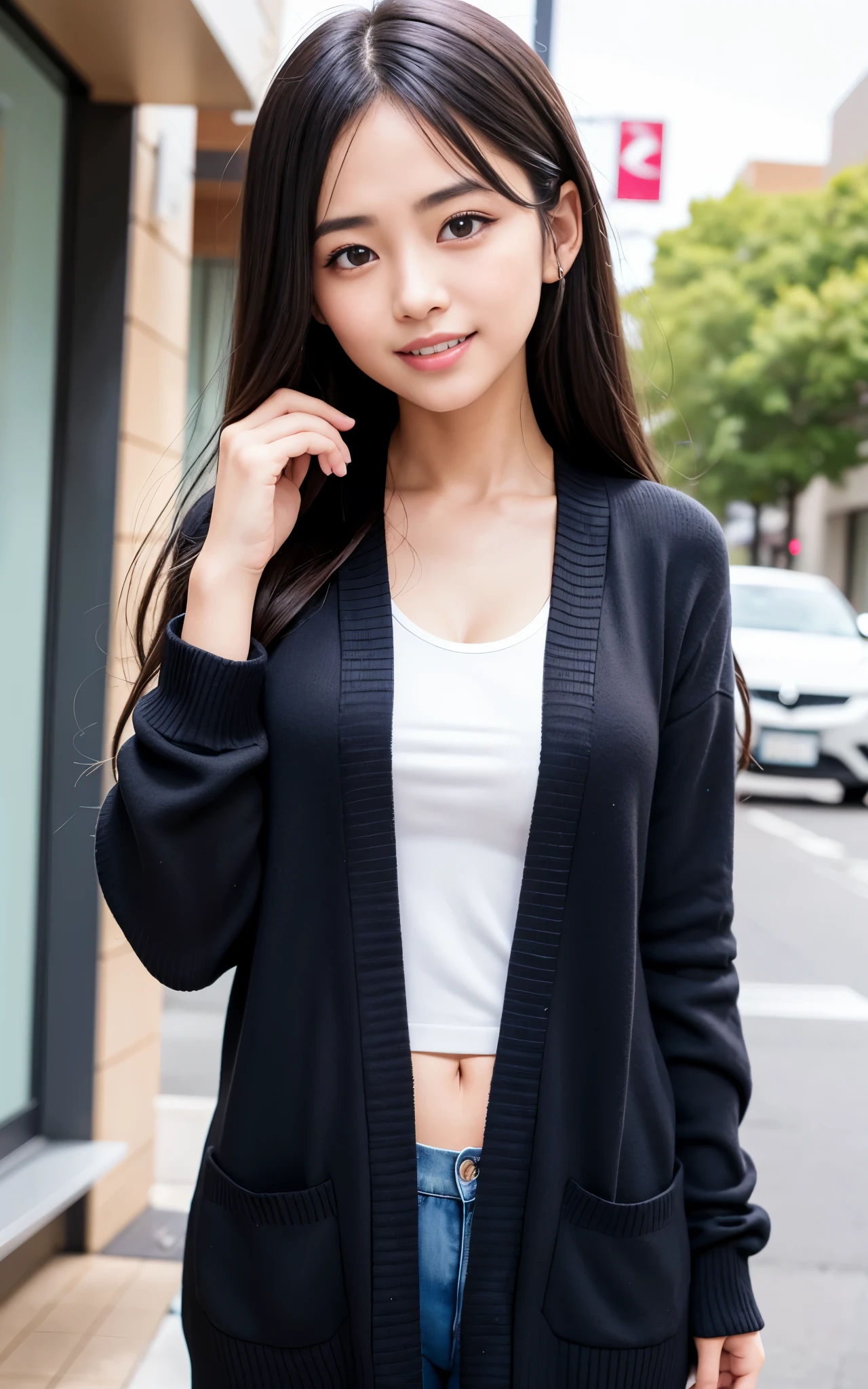 highest quality, figure, super detailed, finely, High resolution, 8k wallpaper, 完璧なダイナミックな構figure, beautiful skin, (Big eyes that shine like jewels), 20 year old beautiful girl, natural color lip, (sexy pose), Chest middle, smile, Highly detailed face and skin texture, Detailed eyes, Double eyelid,leaking teeth and laughing, close-up, profile, long black hair, (Yamabuki colored cardigan), (trainer:1.2),In town
