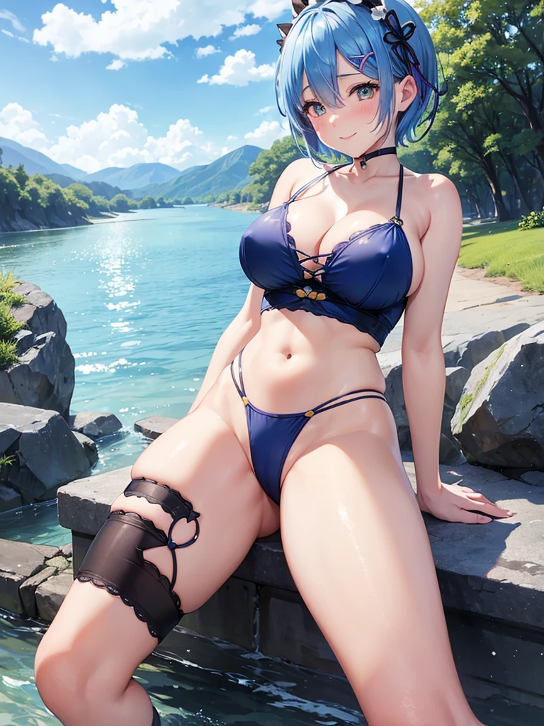 High resolution, masterpiece, blue hair, short hair,blue and yellow eyes, 18, 1 girl, big breasts, cute, beautiful, river, cloudy, sexy,Rem,Re:zero, spread legs,Beautiful navel,beautiful big eyes,beautiful肌,smile,shyness,blush,