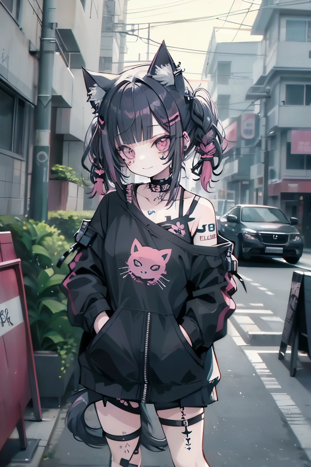 Beautiful woman pink twin tail long hair、cyberpunk style short clothes、hissing, tattoo, wild, Putting on cat ears、gazing at viewer、front facing、A slight smil、sea side、Palm trees
