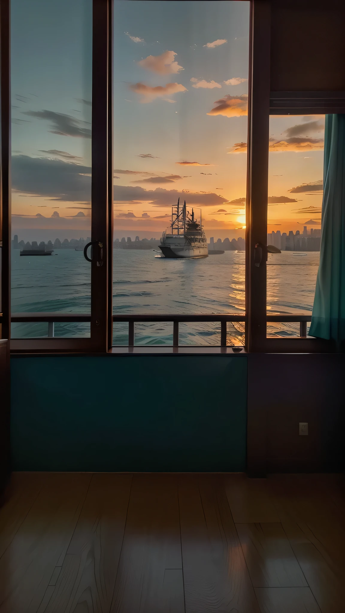 Scene Description:

Imagine a serene scene with an expansive open sea, featuring gentle waves reflecting the warm hues of a breathtaking sunset.
The setting is in Istanbul, Turkey, with the iconic cityscape visible in the distance.
The viewpoint is from the interior of a spacious house, with a large window that frames the picturesque view.
House Interior:

Describe the interior of the house to set the mood. Consider using warm, cozy tones that complement the sunset.
Specify the architectural details of the window, emphasizing its size and clarity for an unobstructed view.
Cityscape:

The cityscape of Istanbul should be visible below, with a mix of modern and historic buildings.
Ensure that notable landmarks like the Hagia Sophia and the Blue Mosque are subtly integrated into the skyline.
Sunset Colors:

Emphasize warm, vibrant colors for the sunset, including shades of orange, pink, and purple.
Request a seamless transition from the sun-drenched sky to the city lights as the day turns into night.
Sea Details:

Specify the sea details, such as gentle waves, reflections of the sunset on the water, and perhaps distant sailing boats or seagulls.
Anime Style:

Request an anime-style interpretation, with characters or elements that enhance the storytelling aspect of the scene.
Suggest a touch of fantasy or magic to make the image more captivating and unique.
Animation Elements:

If animated, specify subtle movements like the sway of curtains, flickering lights in the city, or gentle ripples on the sea.
Ensure smooth transitions between the changing hues of the sunset.
Atmosphere and Mood:

Describe the desired atmosphere – serene, magical, or any specific emotion you want to convey.
Mention the importance of capturing the tranquility and beauty of the moment.
Additional Details:

If there are specific cultural or architectural elements unique to Istanbul that you'd like to include, mention them.