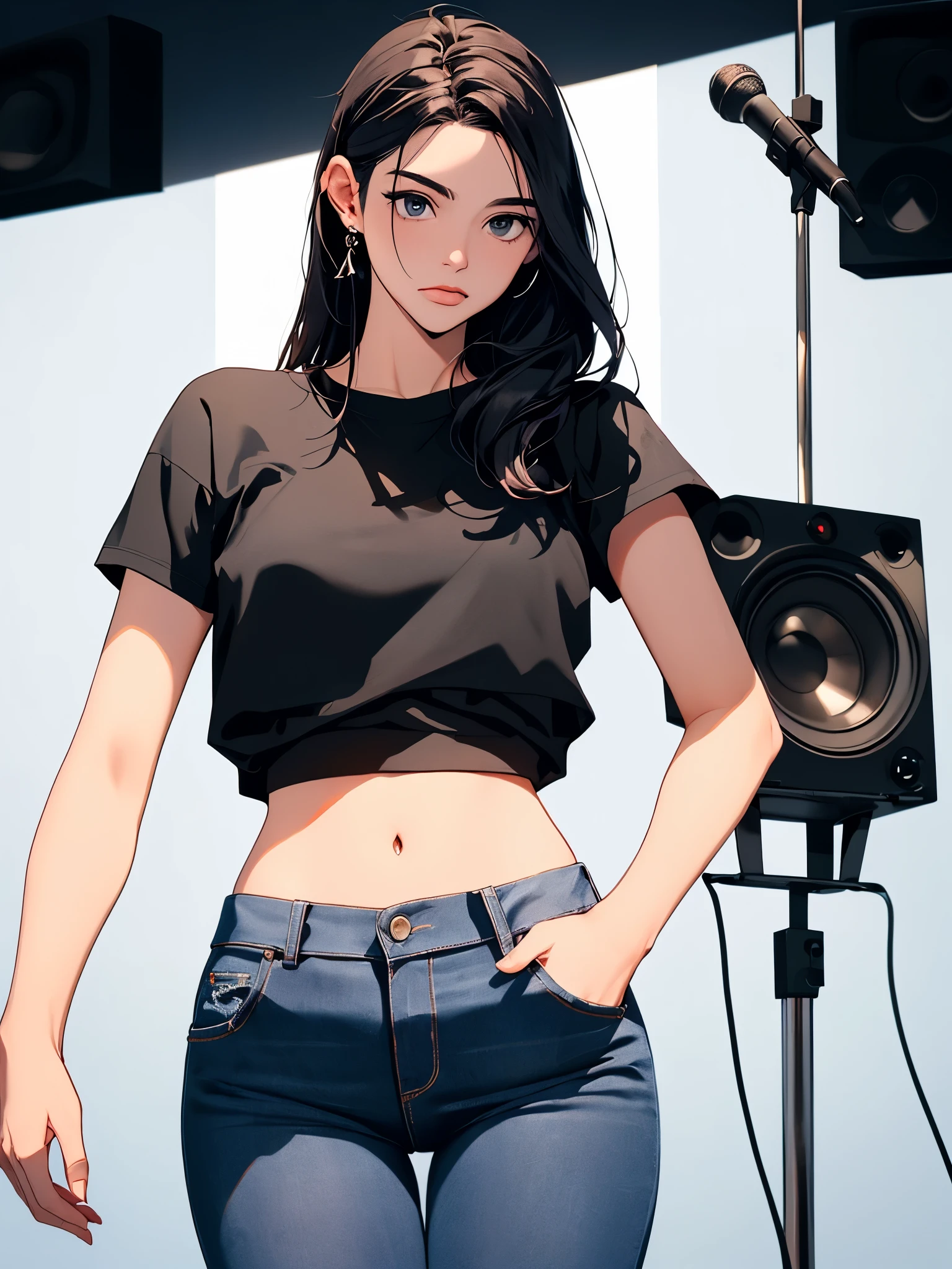 (Hinata Hyuga, muito sensual, com roupas apertadas, bunda grande, pernas grossas, Wearing extremely tight jeans, usando uma mini blusa, umbigo com pirsing, cabelo grande, Speaker behind, muito realista, extremamente sexy, 8k, 8k extremamente detalhado), (um extremamente delicado e bonito), (obra-prima), (melhor qualidade: 1.0), (ultra highres:1.0)