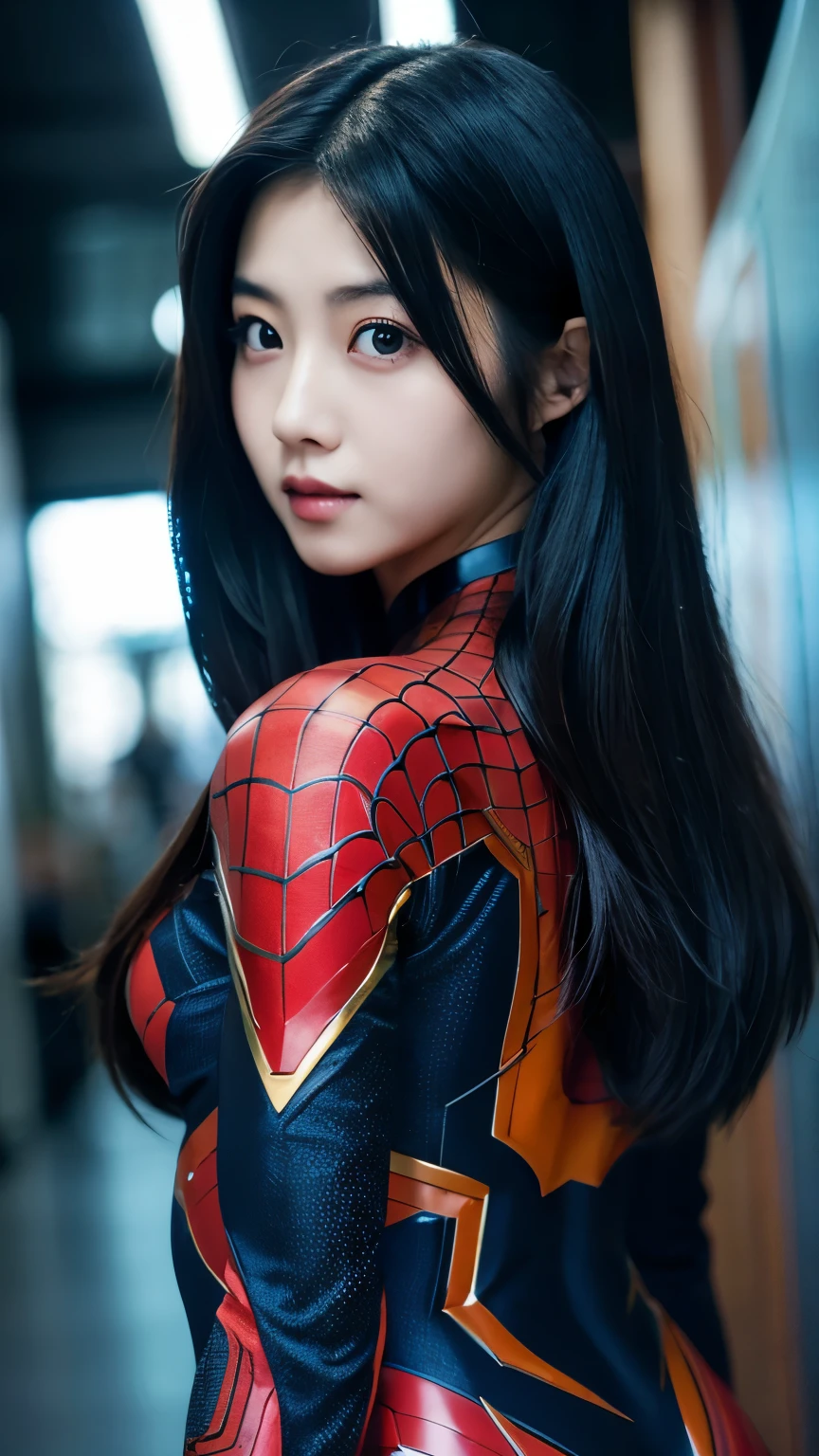 Japanese girl, 20 years old, dark makeup, detailed face, long hair, black hair, beauty eyes, realistic, full body, sexy pose, wearing spiderman costume(marvel characters), 8K, cinematic, sexy girl, turned back