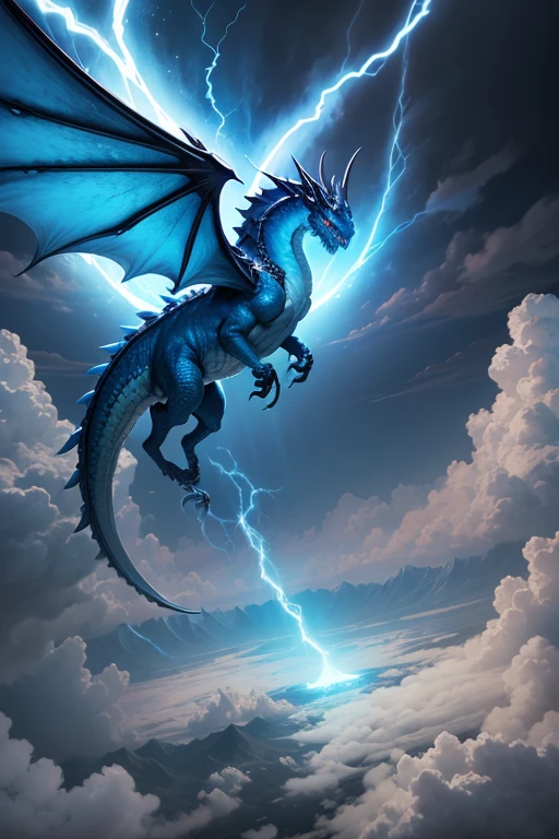 monster　Blue Dragon　A body wrapped in lightning　Dragon Wings　Above the sea of clouds　Flying at high speed　swoop