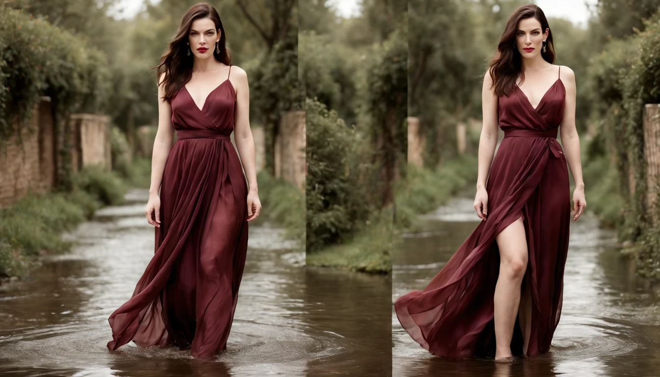 Beautiful girl "Liv Tyler", full body dress Vinho silk dress delicate and beautiful, em um cenario 2D、Geometric overlap mixing，In a world of fresh and natural flooding，It shows a picture of harmony and ethereal。Color smoothing，Ethereal painting style。