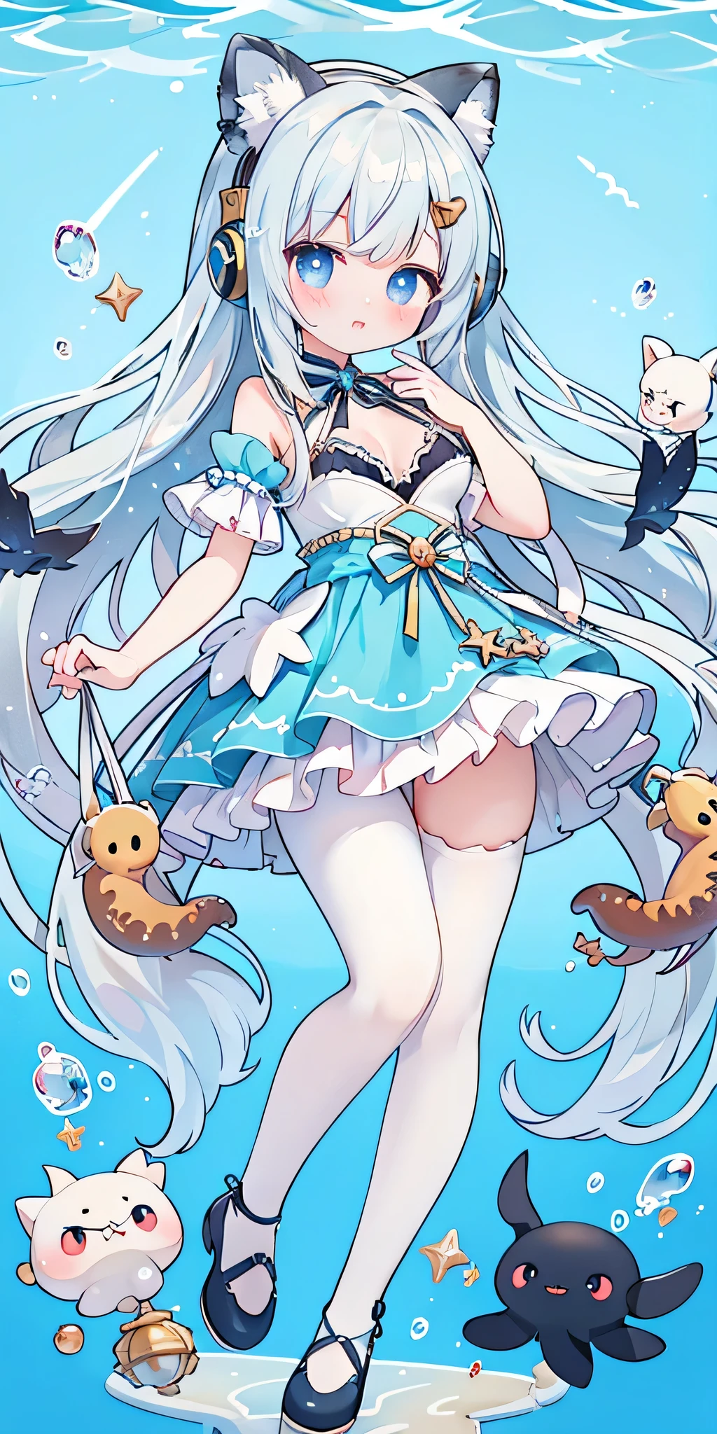 Whole BodyEsbian、Standing picture,full-body shot,a girl,((((white or black pantyhose))))、((((bule or purple pantyhose)))),((((green or yellow pantyhose)))),((Wear sneakers)),blue swimsuit bikini,seabed,dolphin,shell,Crab,an octopus,treasure chests,beach,There is a pair of large wings behind him,There are many ornaments hanging on the body,Trident in hand,jewelry,Blue and white hair,short sleeves,Off the shoulders,There is a gem inlaid on the forehead,blue bow,Swimming rings,heterochromatic pupils,Double tail,shy,blush,,masterpiece,Top image quality,top quality,A big gem is embedded in the chest,super long hair,animal ears,white hair,exquisite eyes、beautiful girl、Plump cheeks,ribbon、kawaii、、leg rings,with headphones,cute big breasts,