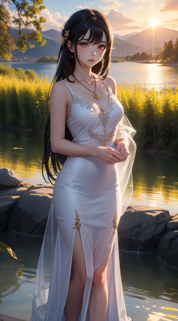 1 girl, serene expression, mesmerizing eyes, straight long hair, flowing dress, poised posture, porcelain skin, subtle blush, crystal pendant BREAK golden hour, (rim lighting):1.2, warm tones, sun flare, soft shadows, vibrant colors, painterly effect, dreamy atmosphere BREAK scenic lake, distant mountains, willow tree, calm water, reflection, sunlit clouds, peaceful ambiance, idyllic sunset, ultra detailed, official art, unity 8k wallpaper , zentangle, mandala