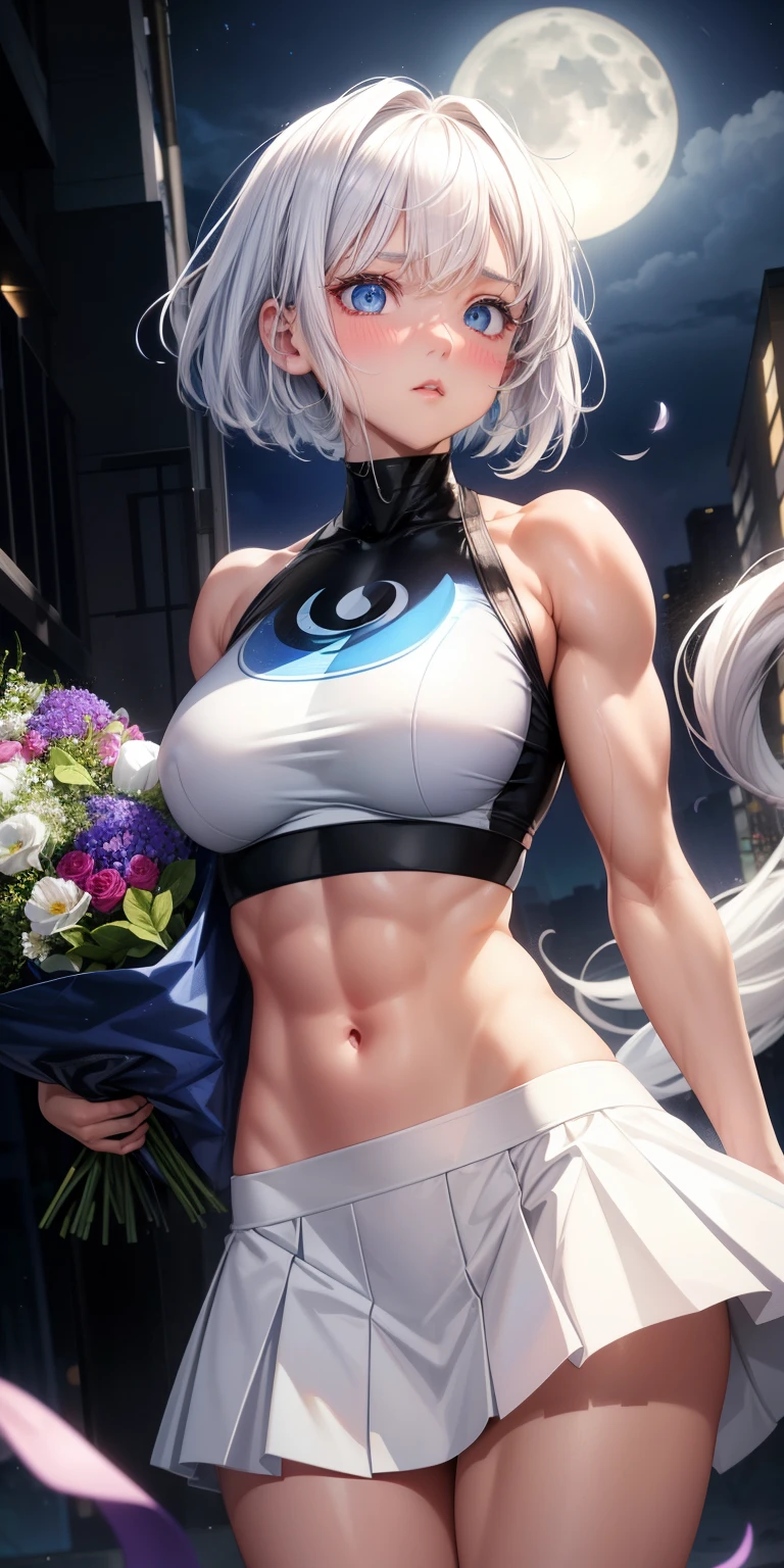 actual, 1 girl, white hair, blue eyes, glowing eyes, crop top, skirt, open lips, blush, Gym, flowers, night, moonlight, abdominal muscles, muscle , biceps