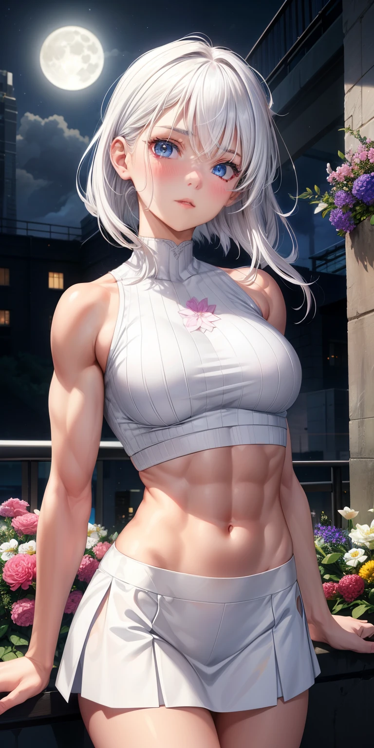 actual, 1 girl, white hair, blue eyes, glowing eyes, crop top, skirt, open lips, blush, Gym, flowers, night, moonlight, abdominal muscles, muscle , biceps