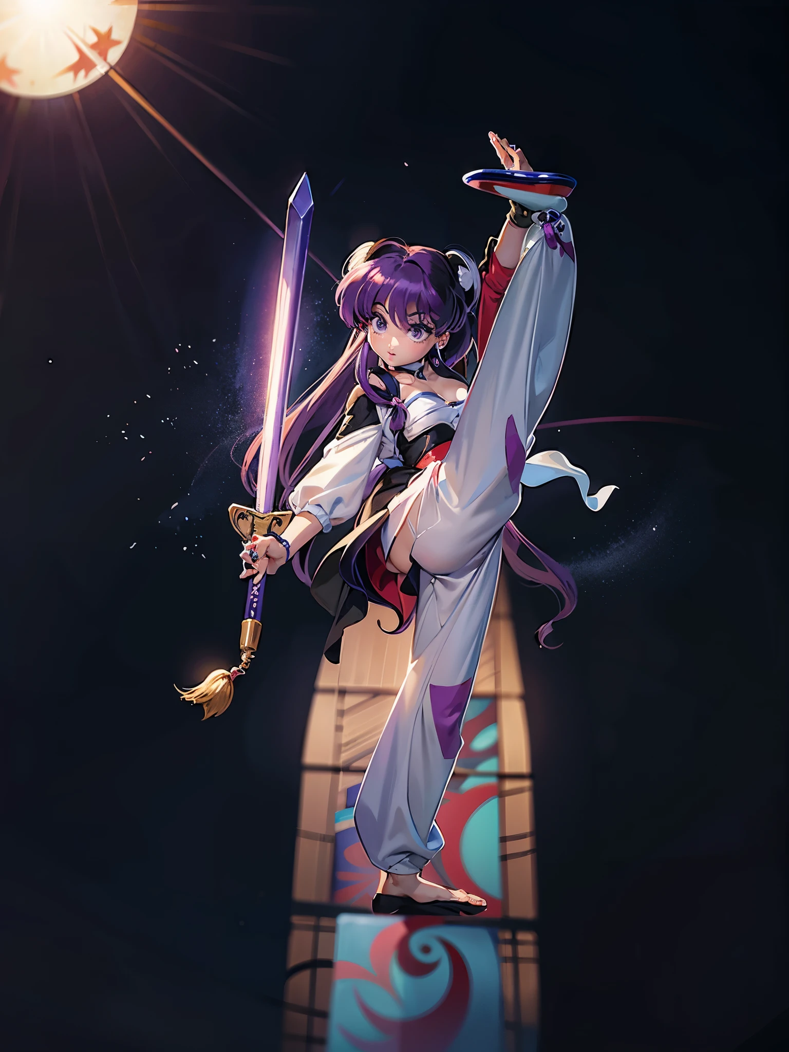 Garota anime guerreira de cabelo purple com kimono e espartilho, White pants, 16 anos, corpo bonito, seios grandes, segurando uma espada , pose de combate, Garota sexy, purple hair, mechas de cabelo laterais, mechas de cabelo na lateral do rosto, beautiful lighting, sombras suaves, olhos azuis, pernas bonitas, cabelo longo roxo, estilo anime, personagem Shampoo Chan, Autora Rumiko Takahashi, Baseado em obra de Rumiko Takahashi, Anime Ranma 1/ 2, decote sexy, corpo inteiro, corpo inteiro, busto grande, garota jovem com corpo belo e bonito, sandals on his feet, garota 16 anos jovem, usando kimono purple e espartilho, White pants, garota anime, estilo anime, beautiful feet in sandals, front view angle, ao ar livre, peito grande, seios bonitos, cabelo purple, sandals on the feet, pernas bonitas, sexy, Sandalias, seios grandes, corpo completo, corpo inteiro, feet with sandals, anime realista, saia, sarja roxa, personagem realista sexy, straight standing posture, ao ar livre, calcinha pink, segurando espada, saia, corpo ereto, sandalias bonitas