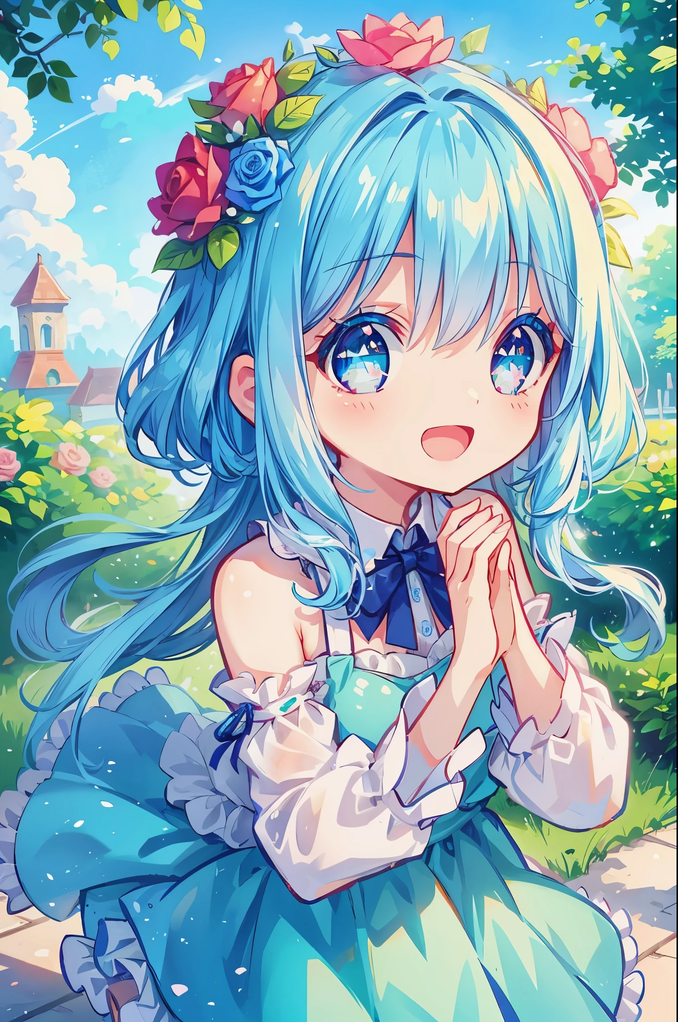 The girl is、neat hair ornament、cute surreal body bien、(detailed eyes、eyes like jewels、sparkling eyes:1.3)、open mouth smile、blue sky、Cute shoes、garden、sunlight filtering through the foliage、smelling the rose flowers