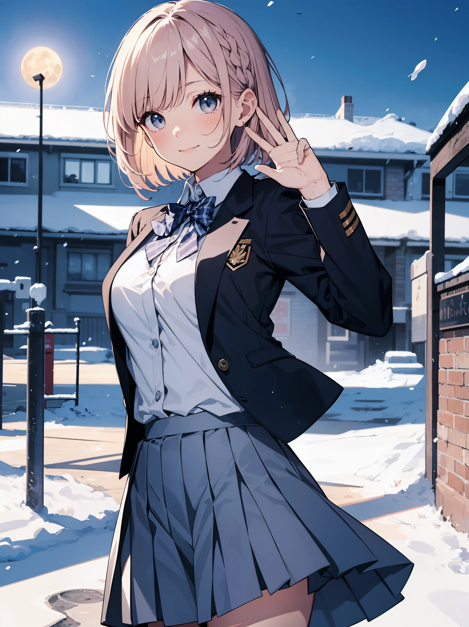 This illustration features a [((cute))):1.3] girl with [((pink))):0.9] hair in a one-length braided bob cut short hair. She is wearing a uniform from a well-known school where blazers are popular, with a deep gray blazer, white piping, and a fresh blue checked skirt. She is drawn to evoke realistic fabrics and textures, and the buttons on her blazer and pleats on her skirt are finely rendered. She is smiling and waving at the camera. The background is the school gate of her school, covered with [((white)):0.9] snow. The sky is [((blue)):0.9] clear and the moon is shining. This illustration shows the contrast and wonder of spring and winter.