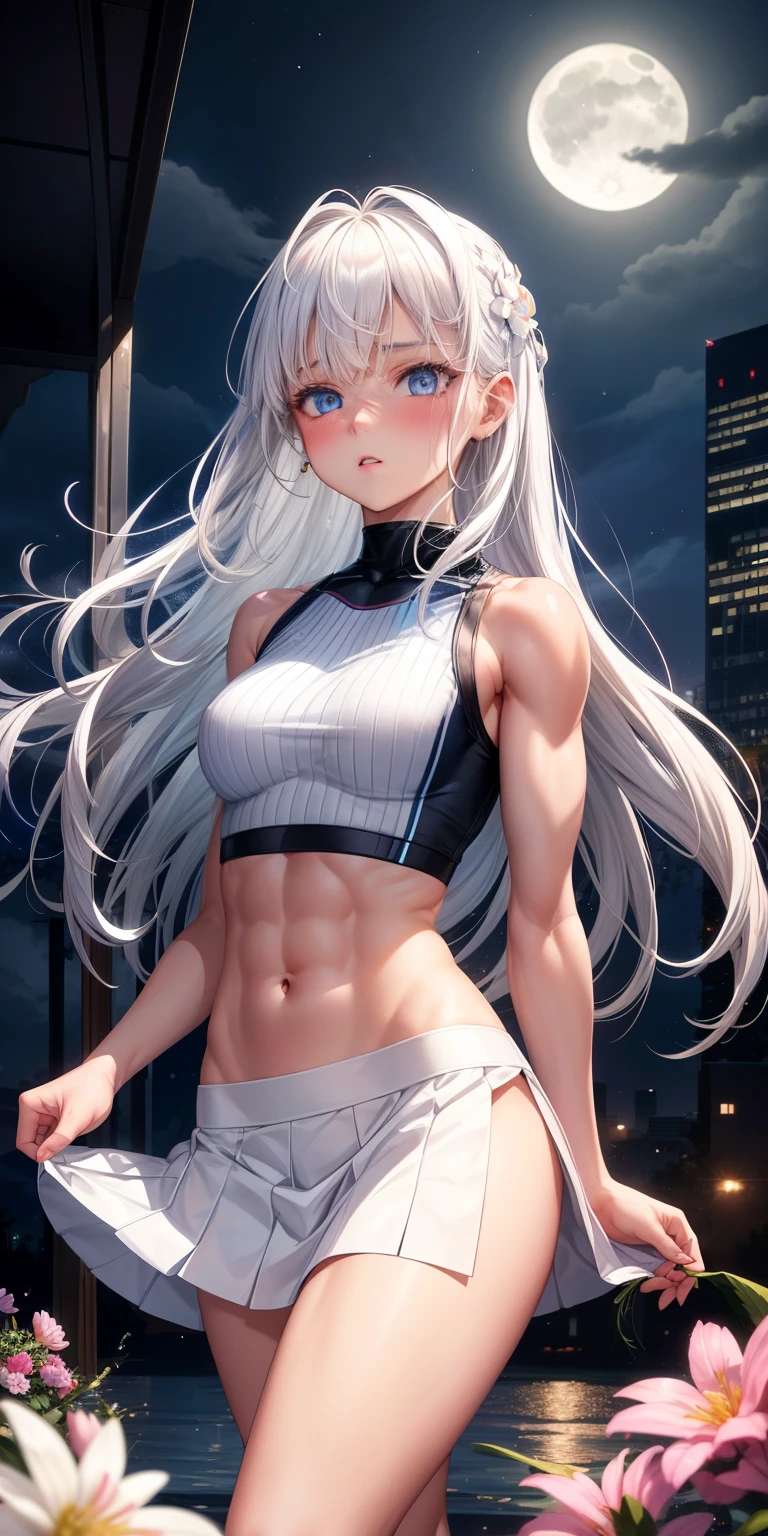 Refreshing morning light, iridescent highlights, A cool boy around , Blank white sheets make me sleepy, silver hair, wearing a tank top,white skin black hair,long hair,long white arms,cute girlish face,Navel exposure