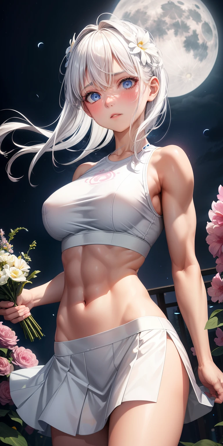 actual, 1 girl, white hair, blue eyes, glowing eyes, crop top, skirt, open lips, blush, Gym, flowers, night, moonlight, abdominal muscles, muscle , biceps