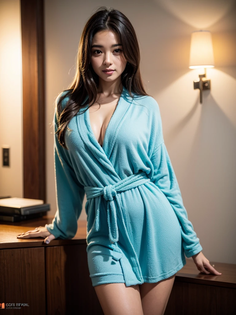 melhor qualidade, 4k, realista, a beautiful woman with sloping breasts are round, e grandes duros, she&#39;s standing straight in front of you, ela esta de (TERRY BATHROBE) de cor branca com decote aberto, seu cabelo e muito compridos que se espalham com vento com um Sorriso malicioso.